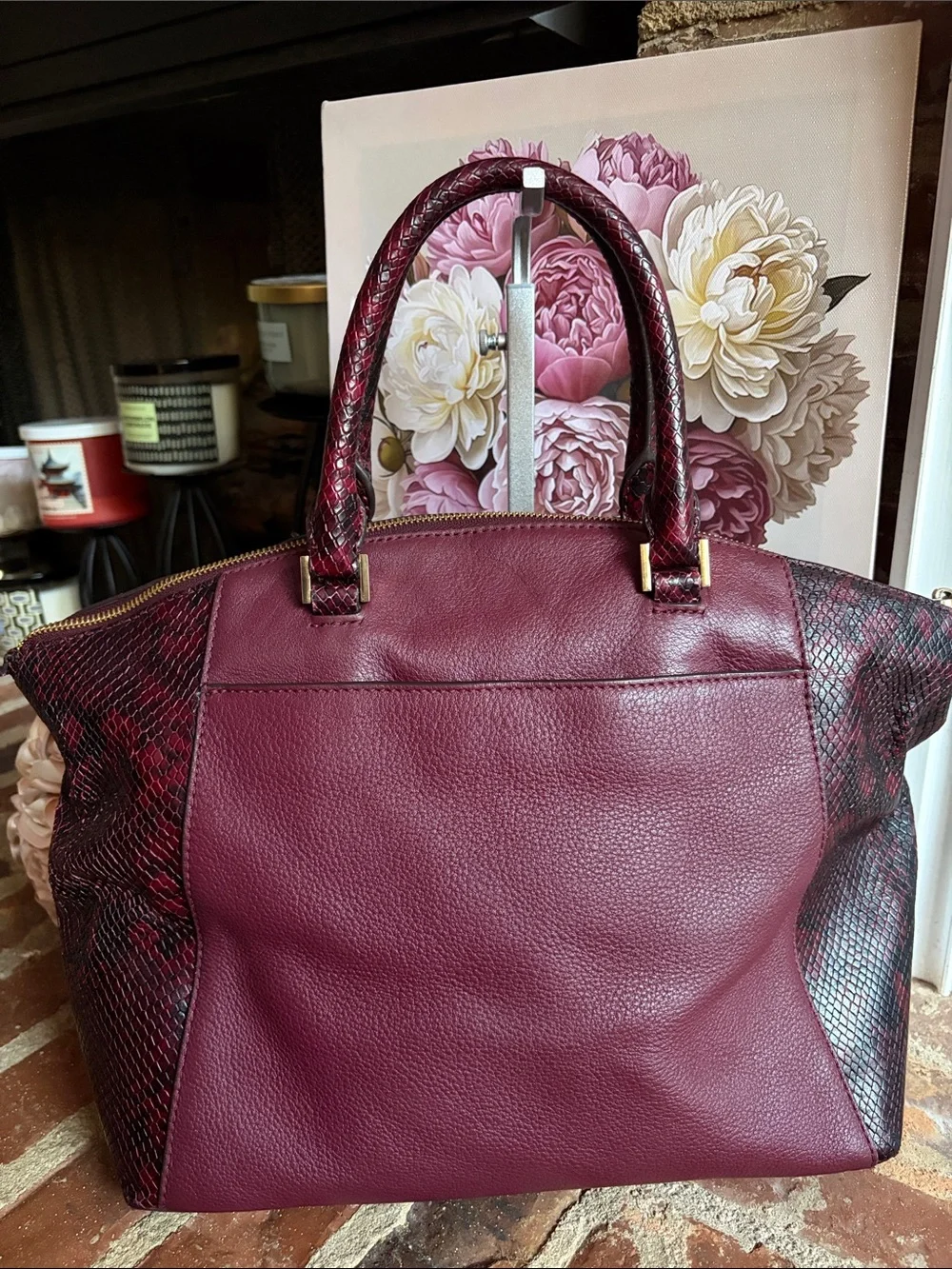 Michael Kors Plum Leather Satchel with Snake-Trim and Wristlet